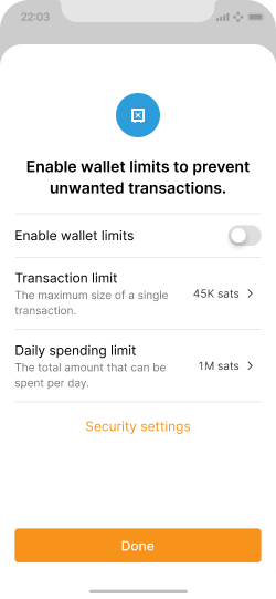 Screen recommending user to enable wallet spend limits